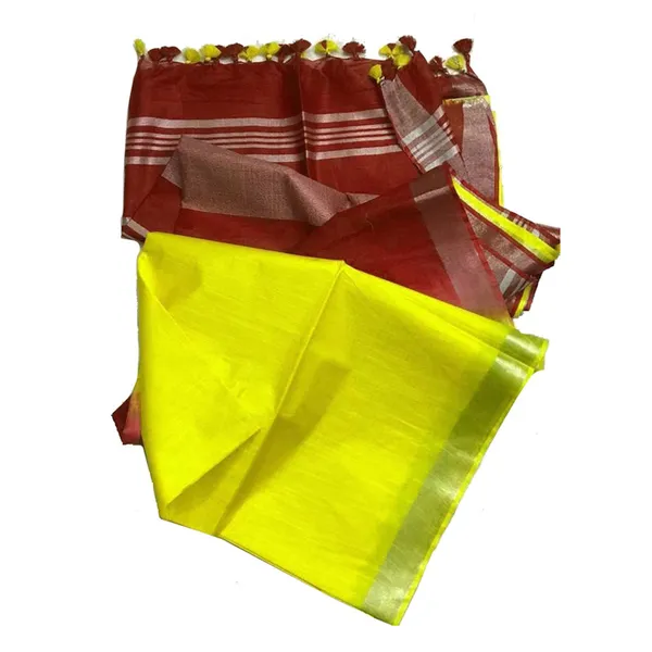 Maroon_&_Lemon_Yellow_Bhagalpuri_women's_Ethnic_Wear_Handloom_Linen_Cotton_Blend_Zari_Border_Two_Dye_Saree_With_Running_Unstitched_Blouse_Piece