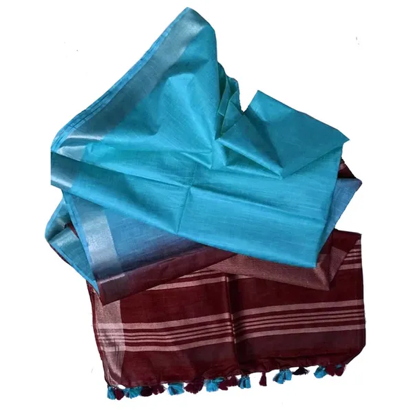 Maroon_&_Vivid_Sky_Blue_Bhagalpuri_women's_Ethnic_Wear_Handloom_Linen_Cotton_Blend_Zari_Border_Two_Dye_Saree_With_Running_Unstitched_Blouse_Piece