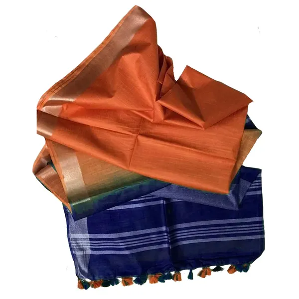 Mignight_Blue_&_Carol_Orange_Bhagalpuri_women's_Ethnic_Wear_Handloom_Linen_Cotton_Blend_Zari_Border_Two_Dye_Saree_With_Running_Unstitched_Blouse_Piece