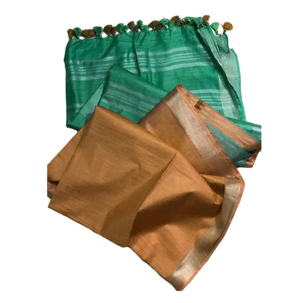 Mint_Green_&_Porsche_Brown_Bhagalpuri_women's_Ethnic_Wear_Handloom_Linen_Cotton_Blend_Zari_Border_Two_Dye_Saree_With_Running_Unstitched_Blouse_Piece