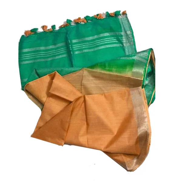 Mint_Green_&_Sandy_Orange_Bhagalpuri_women's_Ethnic_Wear_Handloom_Linen_Cotton_Blend_Zari_Border_Two_Dye_Saree_With_Running_Unstitched_Blouse_Piece
