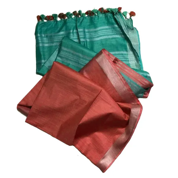 Mint_Green_&_Sunset_Orange_Bhagalpuri_women's_Ethnic_Wear_Handloom_Linen_Cotton_Blend_Zari_Border_Two_Dye_Saree_With_Running_Unstitched_Blouse_Piece