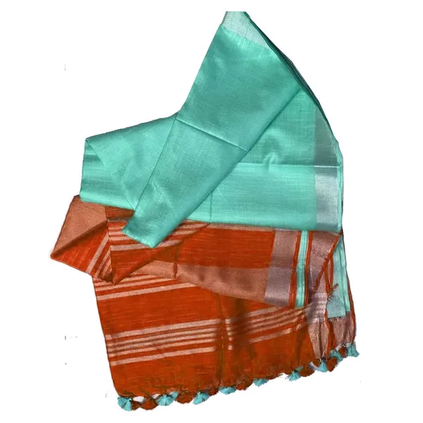 Mohangni_Orange_&_Turquoise_Bhagalpuri_women's_Ethnic_Wear_Handloom_Linen_Cotton_Blend_Zari_Border_Two_Dye_Saree_With_Running_Unstitched_Blouse_Piece