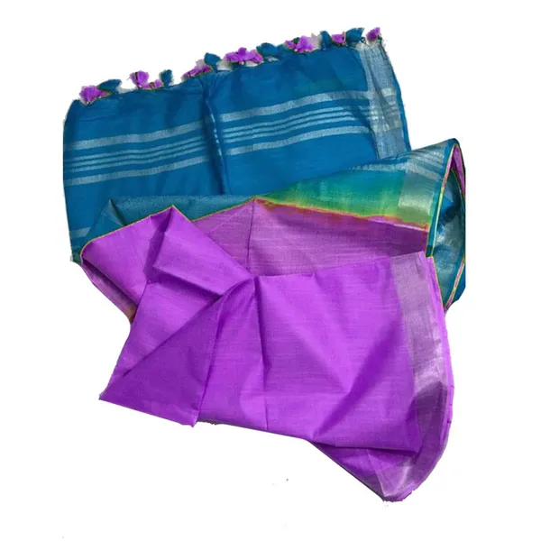 Mooonstone_Cyan_&_Heliotrope_Purple_women's_Bhagalpuri_Ethnic_Wear_Handloom_Cotton_Linen_Blend_Zari_Border_Two_Dye_Saree_With_Running_Unstitched_Blouse_Piece