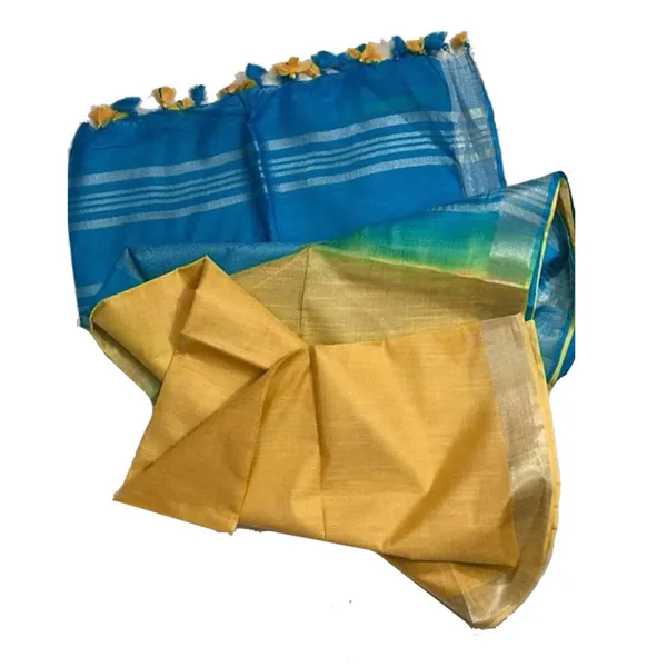 Mooonstone_Cyan_&_Marigold_Yellow_women's_Bhagalpuri_Ethnic_Wear_Handloom_Cotton_Linen_Blend_Zari_Border_Two_Dye_Saree_With_Running_Unstitched_Blouse_Piece