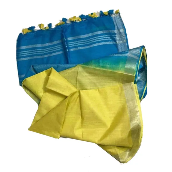 Mooonstone_Cyan_&_Daisy_Yellow_women's_Bhagalpuri_Ethnic_Wear_Handloom_Cotton_Linen_Blend_Zari_Border_Two_Dye_Saree_With_Running_Unstitched_Blouse_Piece