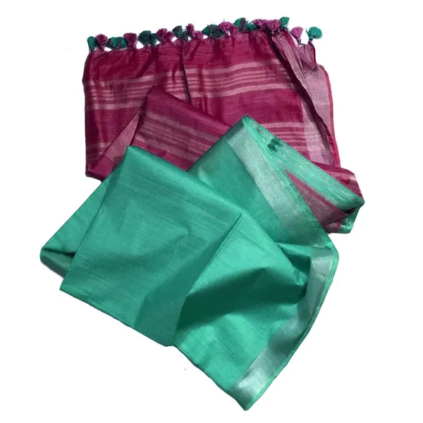 Murrey_Purple_&_Turquoise_women's_Bhagalpuri_Ethnic_Wear_Handloom_Cotton_Linen_Blend_Zari_Border_Two_Dye_Saree_With_Running_Unstitched_Blouse_Piece