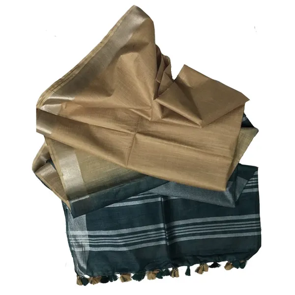 Myrtle_Green_&_Calico_Tan_women's_Bhagalpuri_Ethnic_Wear_Handloom_Cotton_Linen_Blend_Zari_Border_Two_Dye_Saree_With_Running_Unstitched_Blouse_Piece