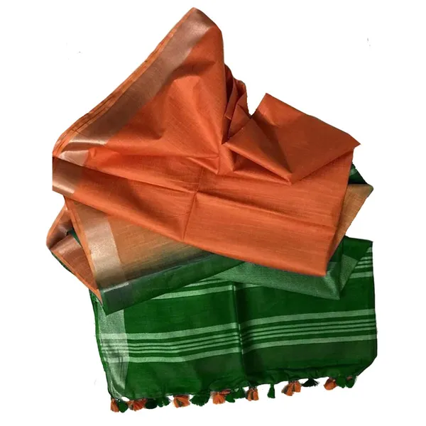 Office_Green_&_Carol_Orange_women's_Bhagalpuri_Ethnic_Wear_Handloom_Cotton_Linen_Blend_Zari_Border_Two_Dye_Saree_With_Running_Unstitched_Blouse_Piece