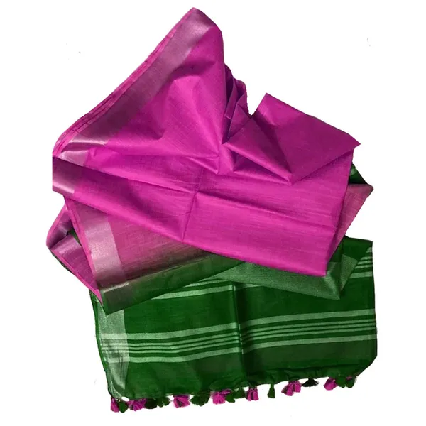 Office_Green_&_Fuchsia_Pink_women's_Bhagalpuri_Ethnic_Wear_Handloom_Cotton_Linen_Blend_Zari_Border_Two_Dye_Saree_With_Running_Unstitched_Blouse_Piece