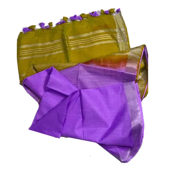 Olive_Green_&_Amethyst_Purple_women's_Bhagalpuri_Ethnic_Wear_Handloom_Cotton_Linen_Blend_Zari_Border_Two_Dye_Saree_With_Running_Unstitched_Blouse_Piece