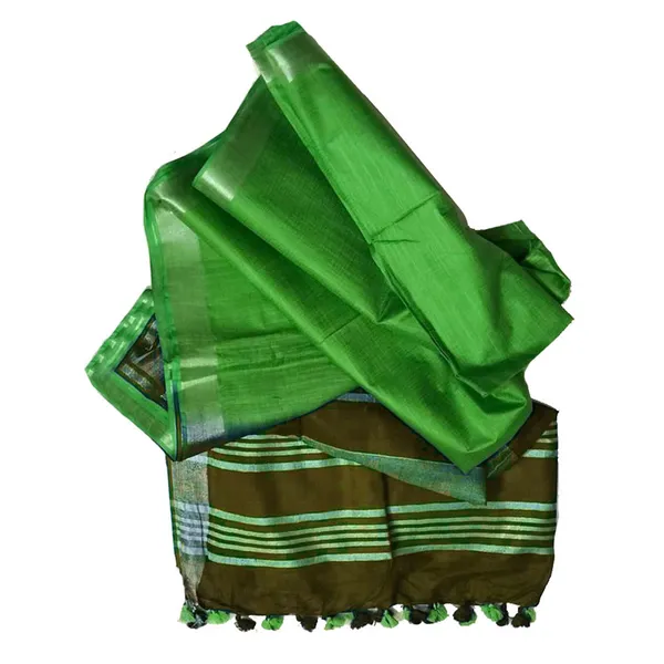 Olive_Green_&_Kelly_Green_women's_Bhagalpuri_Ethnic_Wear_Handloom_Cotton_Linen_Blend_Zari_Border_Two_Dye_Saree_With_Running_Unstitched_Blouse_Piece