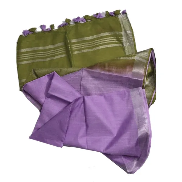 Olive_Green_&_Wisteria_Purple_women's_Bhagalpuri_Ethnic_Wear_Handloom_Cotton_Linen_Blend_Zari_Border_Two_Dye_Saree_With_Running_Unstitched_Blouse_Piece