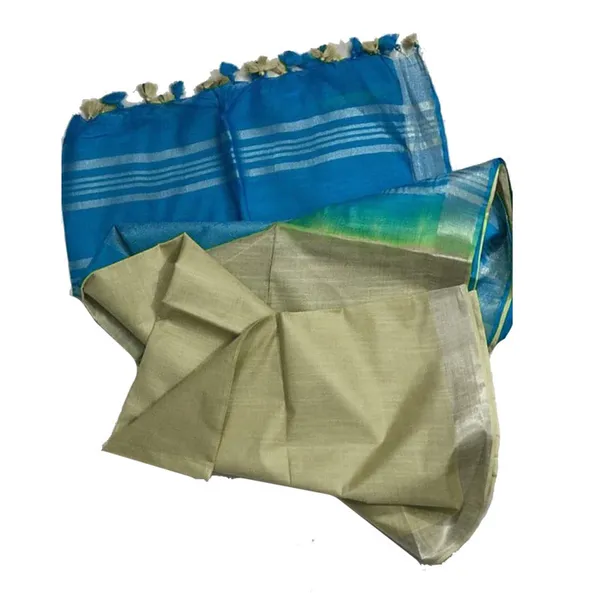 Pacific_Cyan_&_Khaki_Tan_women's_Bhagalpuri_Ethnic_Wear_Handloom_Cotton_Linen_Blend_Zari_Border_Two_Dye_Saree_With_Running_Unstitched_Blouse_Piece