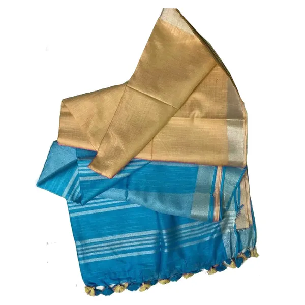 Pacific_Cyan_&_Vanilla_Yellow_women's_Bhagalpuri_Ethnic_Wear_Handloom_Cotton_Linen_Blend_Zari_Border_Two_Dye_Saree_With_Running_Unstitched_Blouse_Piece