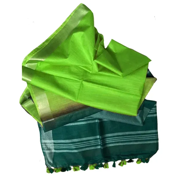 Pine_Green_&_Spring_Green_women's_Bhagalpuri_Ethnic_Wear_Handloom_Cotton_Linen_Slub_Blend_Zari_Border_Two_Dye_Saree_With_Running_Unstitched_Blouse_Piece