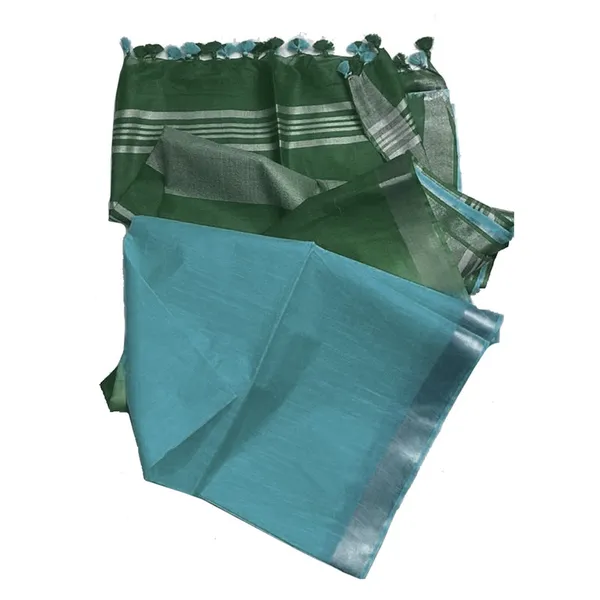 Poly_Green_&_Tiffany_Cyan_women's_Bhagalpuri_Ethnic_Wear_Handloom_Cotton_Linen_Slub_Blend_Zari_Border_Two_Dye_Saree_With_Running_Unstitched_Blouse_Piece