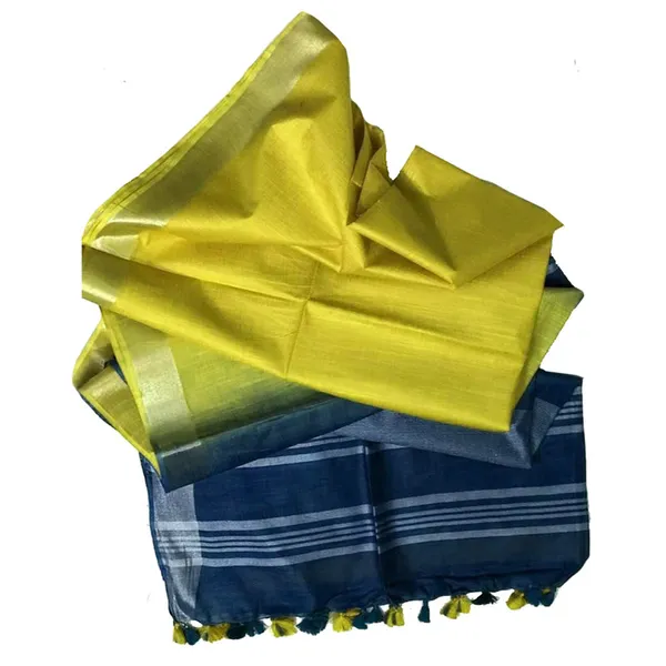 Prusian_Blue_&_Lemon_Yellow_women's_Bhagalpuri_Ethnic_Wear_Handloom_Cotton_Linen_Slub_Blend_Zari_Border_Two_Dye_Saree_With_Running_Unstitched_Blouse_Piece