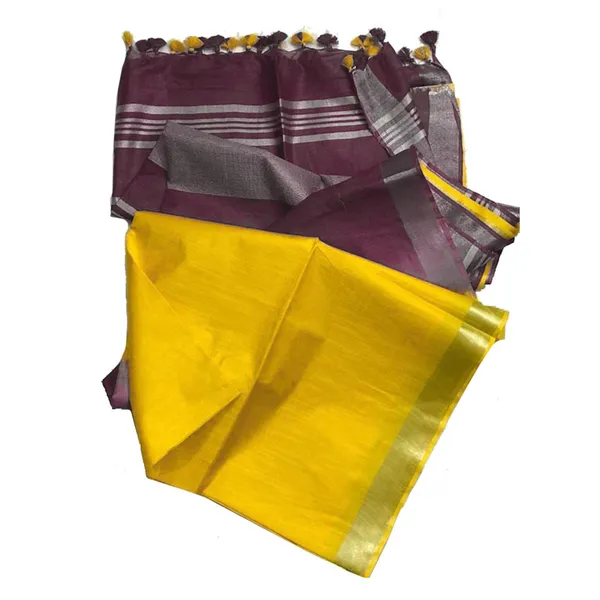 Quinacridone_Magenta_&_Yellow_women's_Bhagalpuri_Ethnic_Wear_Handloom_Cotton_Linen_Slub_Blend_Zari_Border_Two_Dye_Saree_With_Running_Unstitched_Blouse_Piece