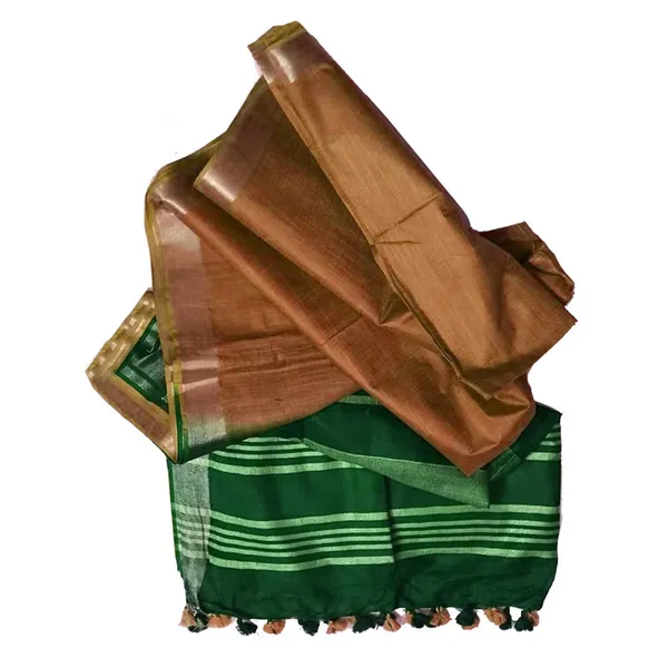 Racing_Green_&_Sienna_Brown_women's_Bhagalpuri_Ethnic_Wear_Handloom_Cotton_Linen_Slub_Blend_Zari_Border_Two_Dye_Saree_With_Running_Unstitched_Blouse_Piece