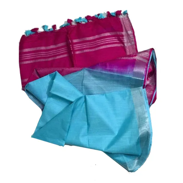 Raspberry_Pink_&_Pacific_Cyan_women's_Bhagalpuri_Ethnic_Wear_Handloom_Cotton_Linen_Slub_Blend_Zari_Border_Two_Dye_Saree_With_Running_Unstitched_Blouse_Piece