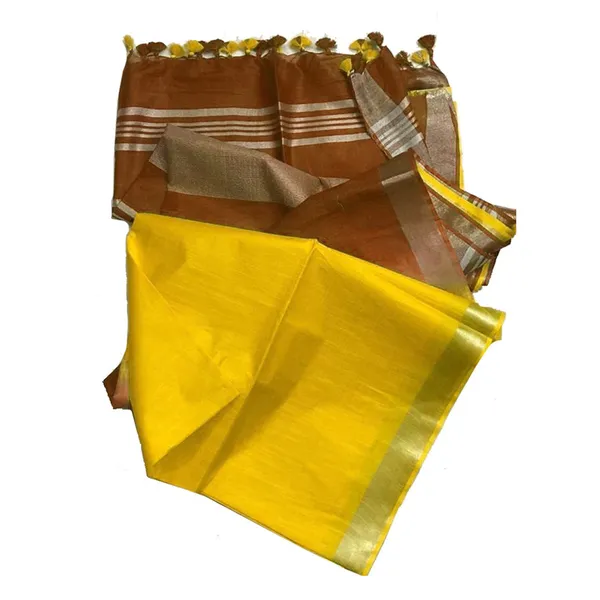 Golden_Brown_&_Yellow_women's_Bhagalpuri_Ethnic_Wear_Handloom_Cotton_Linen_Slub_Blend_Zari_Border_Two_Dye_Saree_With_Running_Unstitched_Blouse_Piece