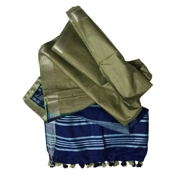 Royal_Blue_&_Khaki_Tan_women's_Bhagalpuri_Ethnic_Wear_Handloom_Cotton_Linen_Slub_Blend_Zari_Border_Two_Dye_Saree_With_Running_Unstitched_Blouse_Piece