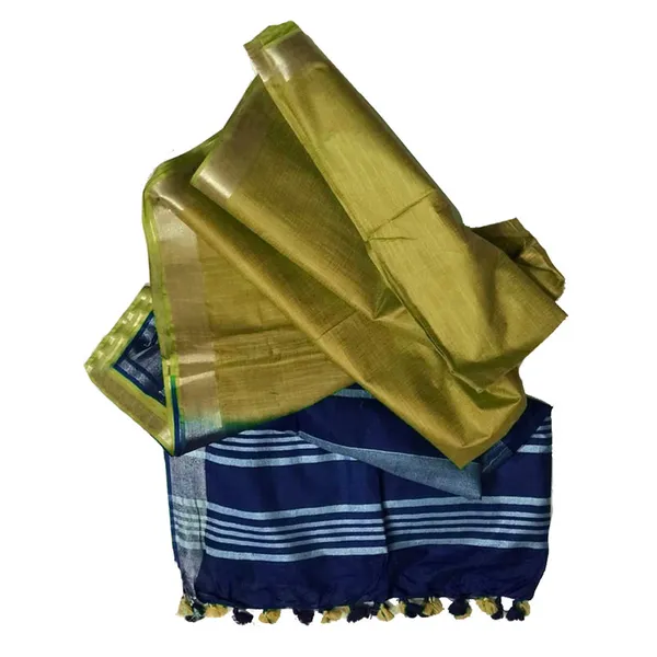 Royal_Blue_&_Pear_Green_women's_Bhagalpuri_Ethnic_Wear_Handloom_Cotton_Linen_Slub_Blend_Zari_Border_Two_Dye_Saree_With_Running_Unstitched_Blouse_Piece