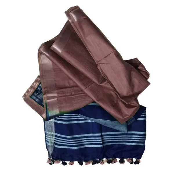 Royal_Blue_&_Redwood_Brown_women's_Bhagalpuri_Ethnic_Wear_Handloom_Cotton_Linen_Slub_Blend_Zari_Border_Two_Dye_Saree_With_Running_Unstitched_Blouse_Piece