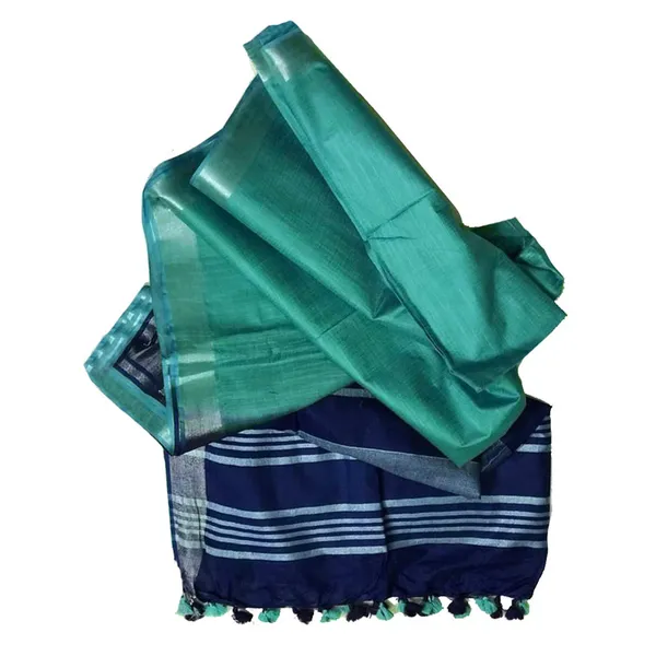 Royal_Blue_&_Turquoise_women's_Bhagalpuri_Ethnic_Wear_Handloom_Cotton_Linen_Slub_Blend_Zari_Border_Two_Dye_Saree_With_Running_Unstitched_Blouse_Piece