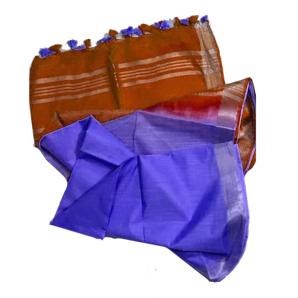 Rust_Brown_&_Neon_Blue_women's_Bhagalpuri_Ethnic_Wear_Handloom_Cotton_Linen_Slub_Blend_Zari_Border_Two_Dye_Saree_With_Running_Unstitched_Blouse_Piece