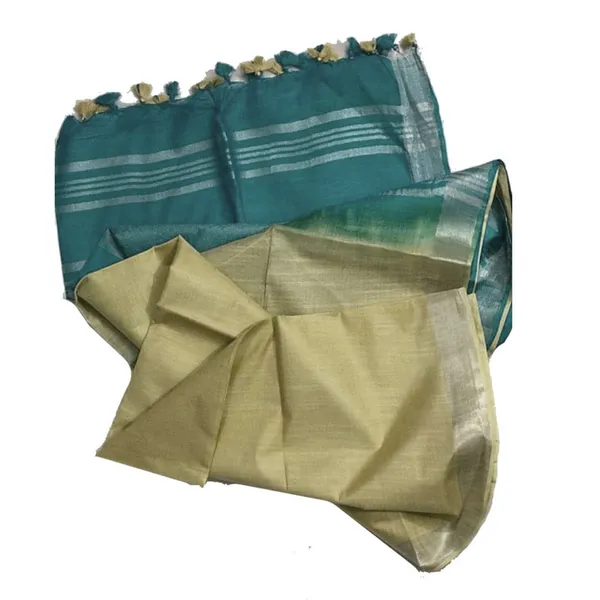 Skebeloff_Cyan_&_Khaki_Tan_women's_Bhagalpuri_Ethnic_Wear_Handloom_Cotton_Linen_Slub_Blend_Zari_Border_Two_Dye_Saree_With_Running_Unstitched_Blouse_Piece