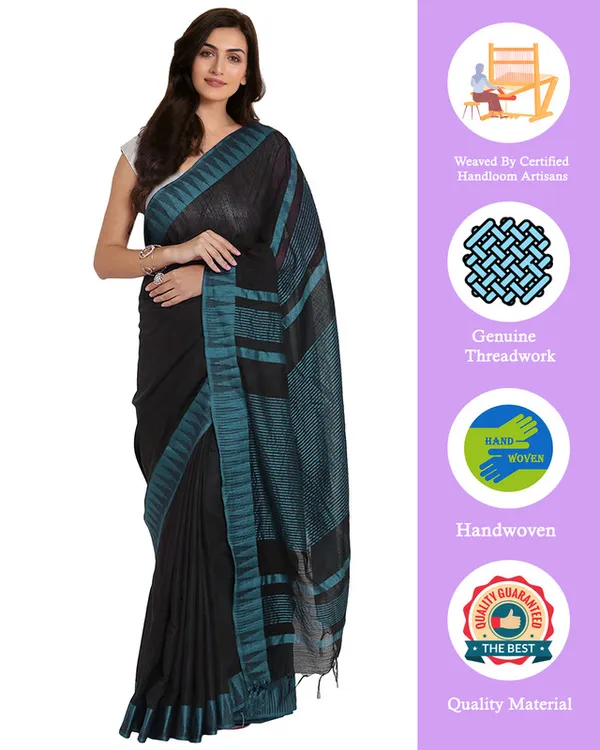 Black-Cyan_women's_Bhagalpuri_Handloom_Katan_Viscous_Silk_Temple_Border_Saree_Ethnic_Wear_With_Running_Unstitched_Striped_Blouse_Piece
