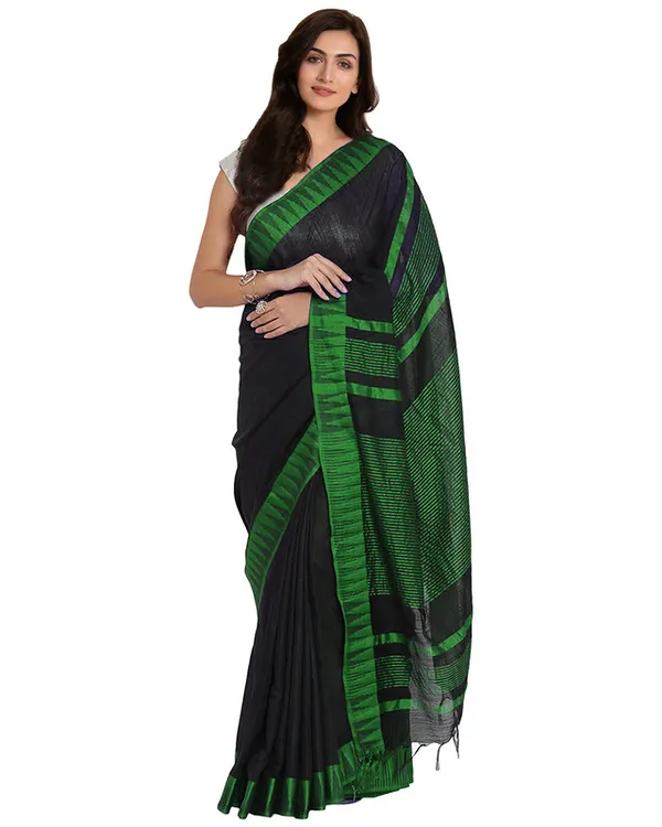 Black-Green_women's_Bhagalpuri_Handloom_Katan_Viscous_Silk_Temple_Border_Saree_Ethnic_Wear_With_Running_Unstitched_Striped_Blouse_Piece