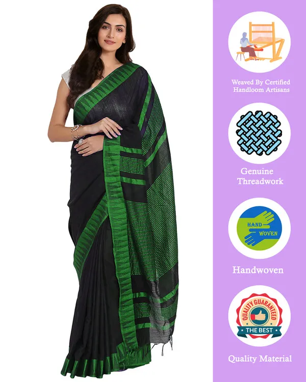 Black-Green_women's_Bhagalpuri_Handloom_Katan_Viscous_Silk_Temple_Border_Saree_Ethnic_Wear_With_Running_Unstitched_Striped_Blouse_Piece