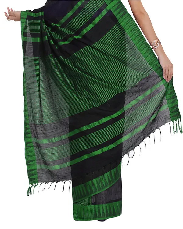 Black-Green_women's_Bhagalpuri_Handloom_Katan_Viscous_Silk_Temple_Border_Saree_Ethnic_Wear_With_Running_Unstitched_Striped_Blouse_Piece
