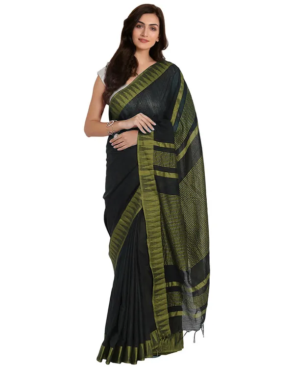 Black-Olive_Green_women's_Bhagalpuri_Handloom_Katan_Viscous_Silk_Temple_Border_Saree_Ethnic_Wear_With_Running_Unstitched_Striped_Blouse_Piece