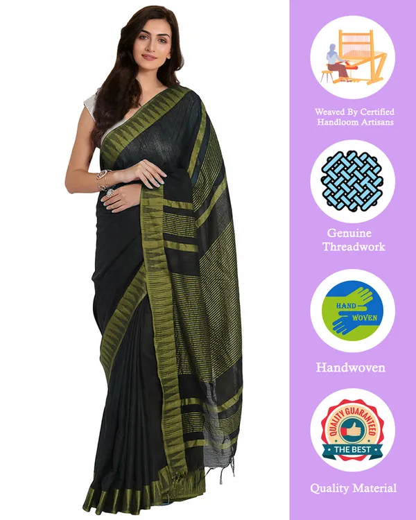 Black-Olive_Green_women's_Bhagalpuri_Handloom_Katan_Viscous_Silk_Temple_Border_Saree_Ethnic_Wear_With_Running_Unstitched_Striped_Blouse_Piece