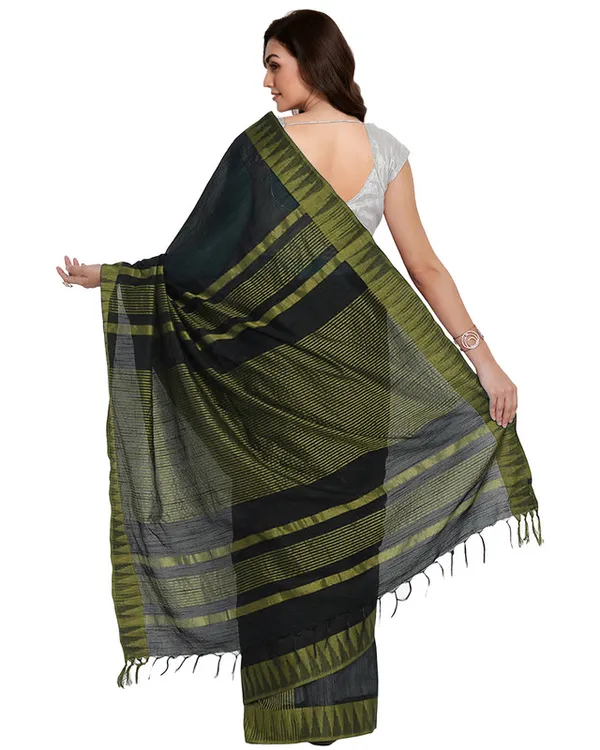 Black-Olive_Green_women's_Bhagalpuri_Handloom_Katan_Viscous_Silk_Temple_Border_Saree_Ethnic_Wear_With_Running_Unstitched_Striped_Blouse_Piece
