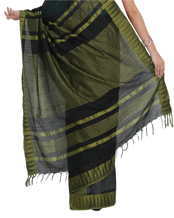Black-Olive_Green_women's_Bhagalpuri_Handloom_Katan_Viscous_Silk_Temple_Border_Saree_Ethnic_Wear_With_Running_Unstitched_Striped_Blouse_Piece