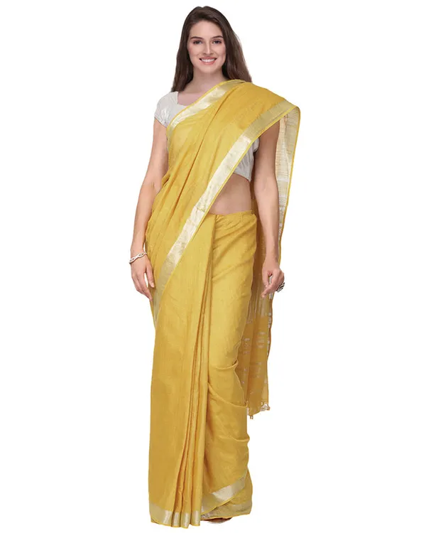 Arylide_Yellow_women's_Handloom_Bhagalpuri_Cotton_Linen_Slub_Blend_Zari_Border_Saree_Ethnic_Wear_With_Running_Unstitched_Blouse_Piece