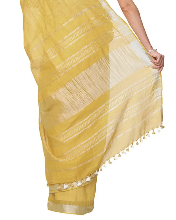 Arylide_Yellow_women's_Handloom_Bhagalpuri_Cotton_Linen_Slub_Blend_Zari_Border_Saree_Ethnic_Wear_With_Running_Unstitched_Blouse_Piece
