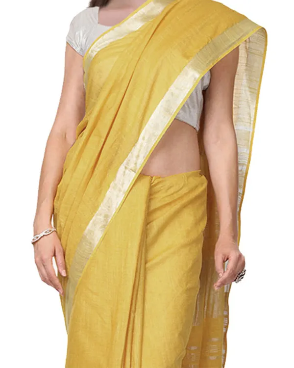 Arylide_Yellow_women's_Handloom_Bhagalpuri_Cotton_Linen_Slub_Blend_Zari_Border_Saree_Ethnic_Wear_With_Running_Unstitched_Blouse_Piece