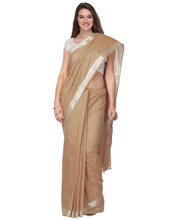 Camel_Brown_women's_Handloom_Bhagalpuri_Cotton_Linen_Slub_Blend_Zari_Border_Saree_Ethnic_Wear_With_Running_Unstitched_Blouse_Piece