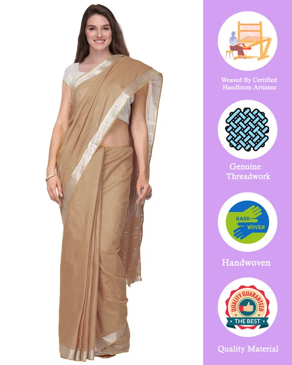 Camel_Brown_women's_Handloom_Bhagalpuri_Cotton_Linen_Slub_Blend_Zari_Border_Saree_Ethnic_Wear_With_Running_Unstitched_Blouse_Piece