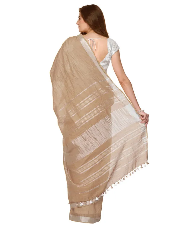 Camel_Brown_women's_Handloom_Bhagalpuri_Cotton_Linen_Slub_Blend_Zari_Border_Saree_Ethnic_Wear_With_Running_Unstitched_Blouse_Piece