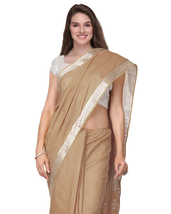 Camel_Brown_women's_Handloom_Bhagalpuri_Cotton_Linen_Slub_Blend_Zari_Border_Saree_Ethnic_Wear_With_Running_Unstitched_Blouse_Piece