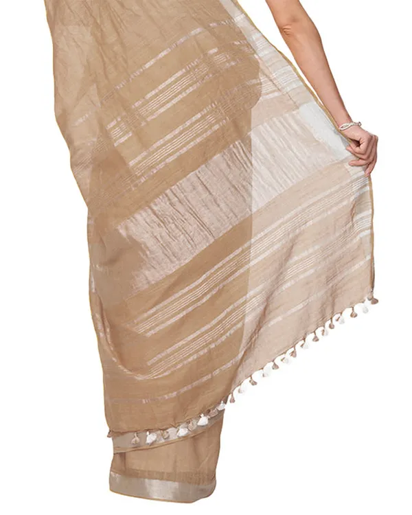 Camel_Brown_women's_Handloom_Bhagalpuri_Cotton_Linen_Slub_Blend_Zari_Border_Saree_Ethnic_Wear_With_Running_Unstitched_Blouse_Piece