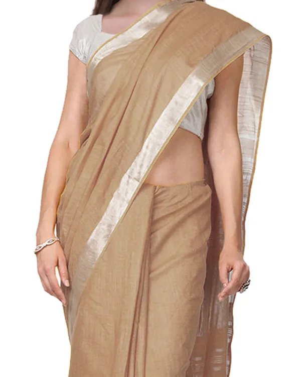 Camel_Brown_women's_Handloom_Bhagalpuri_Cotton_Linen_Slub_Blend_Zari_Border_Saree_Ethnic_Wear_With_Running_Unstitched_Blouse_Piece