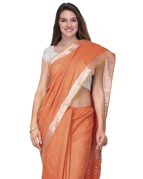 Carol_Orange_women's_Handloom_Bhagalpuri_Cotton_Linen_Slub_Blend_Zari_Border_Saree_Ethnic_Wear_With_Running_Unstitched_Blouse_Piece